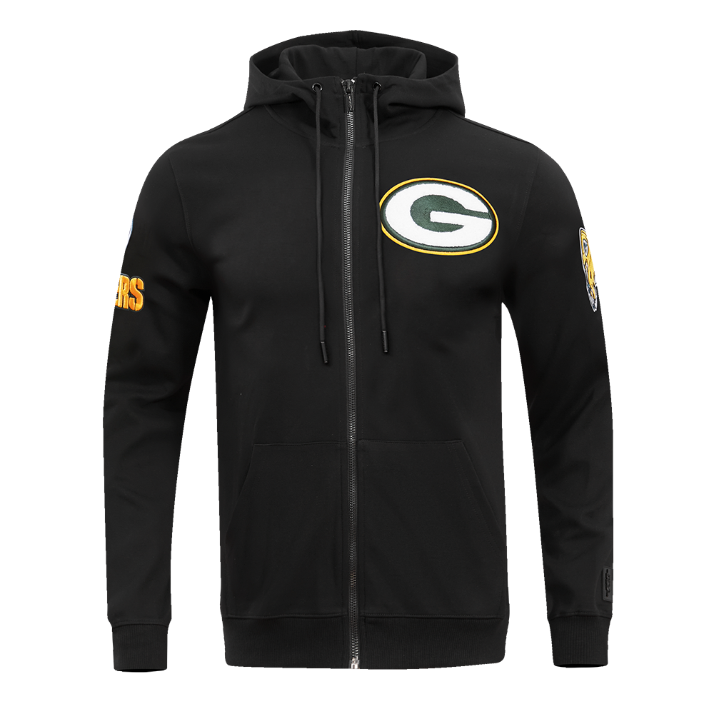 NFL GREEN BAY PACKERS  CLASSIC CHENILLE MEN'S DOUBLE KNIT  FULL ZIP HOODIE (BLACK)