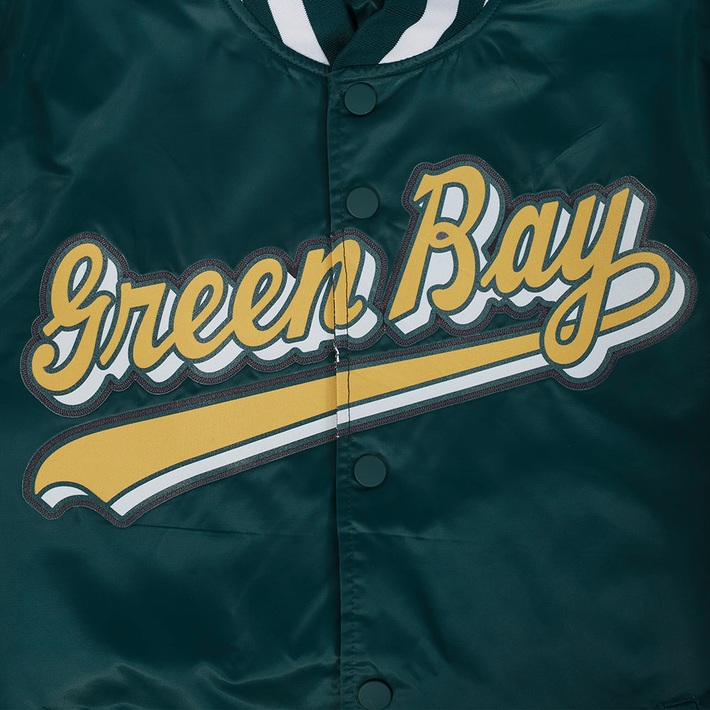 NFL GREEN BAY PACKERS SCRIPT TAIL MEN'S SATIN JACKET (FOREST GREEN)