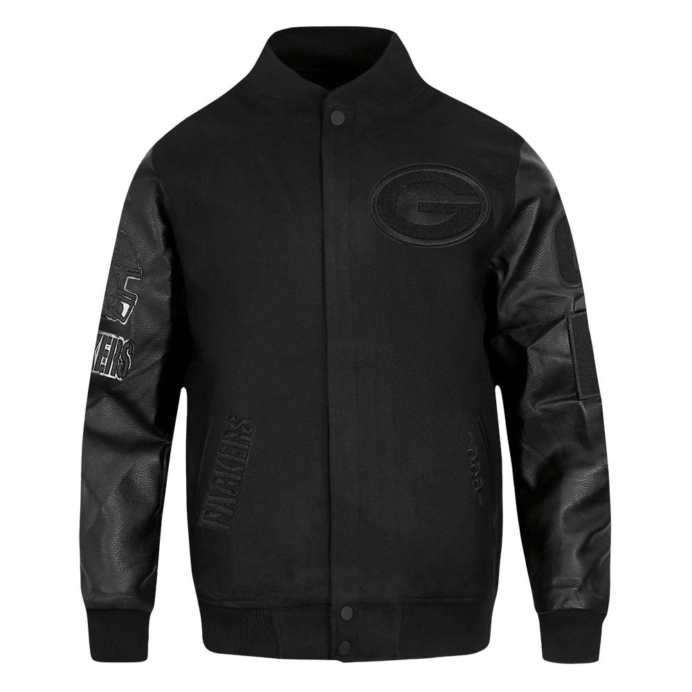 NFL GREEN BAY PACKERS TRIPLE BLACK MEN'S WOOL VARSITY JACKET (TRIPLE BLACK MEN'S)