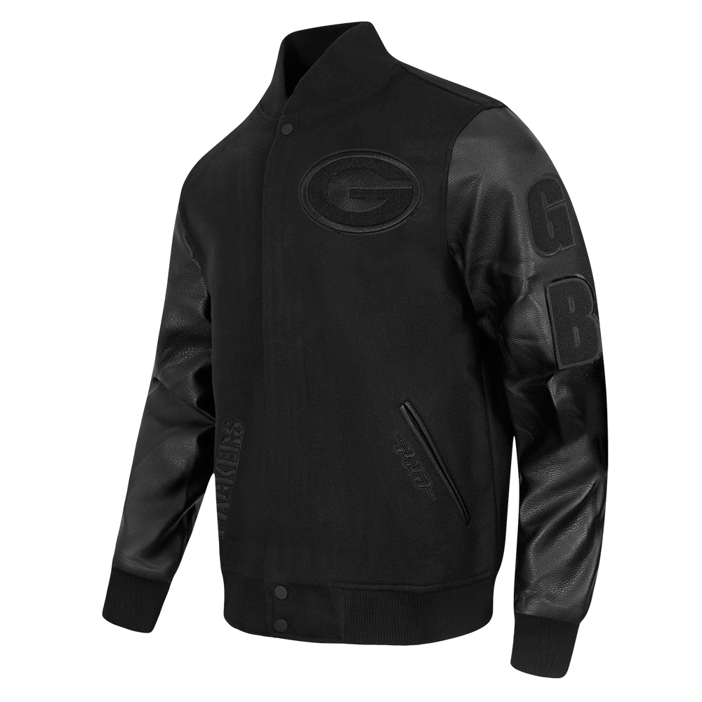 NFL GREEN BAY PACKERS TRIPLE BLACK MEN'S WOOL VARSITY JACKET (TRIPLE BLACK MEN'S)