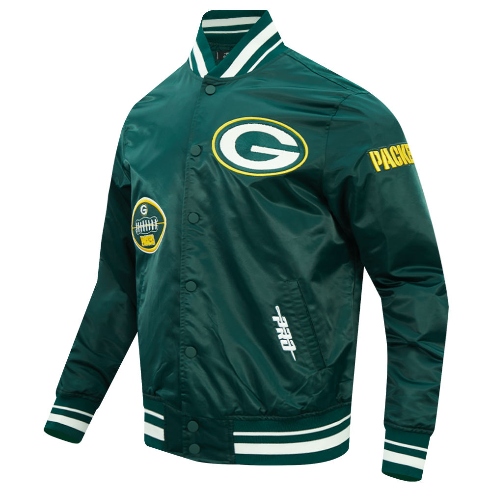 NFL GREEN BAY PACKERS OLD ENGLISH MEN'S RIB SATIN JACKET (FOREST GREEN)
