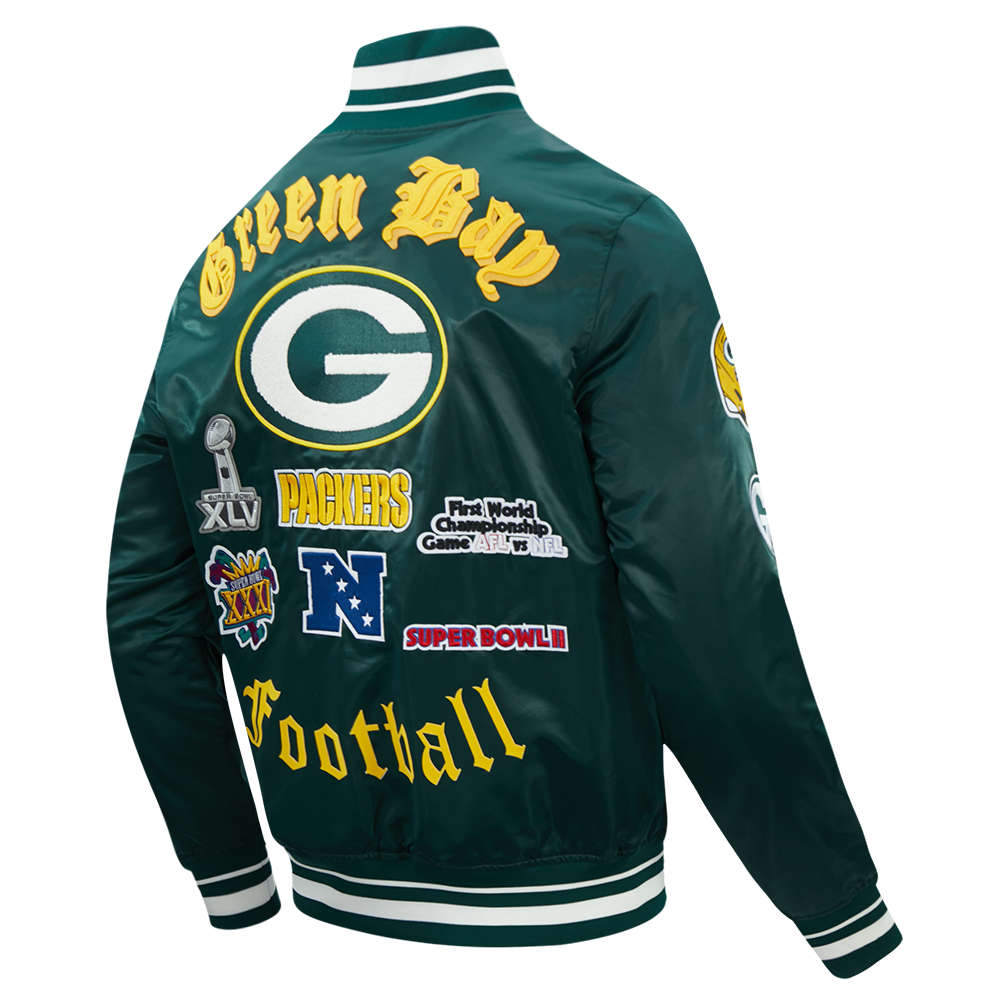 NFL GREEN BAY PACKERS OLD ENGLISH MEN'S RIB SATIN JACKET (FOREST GREEN)