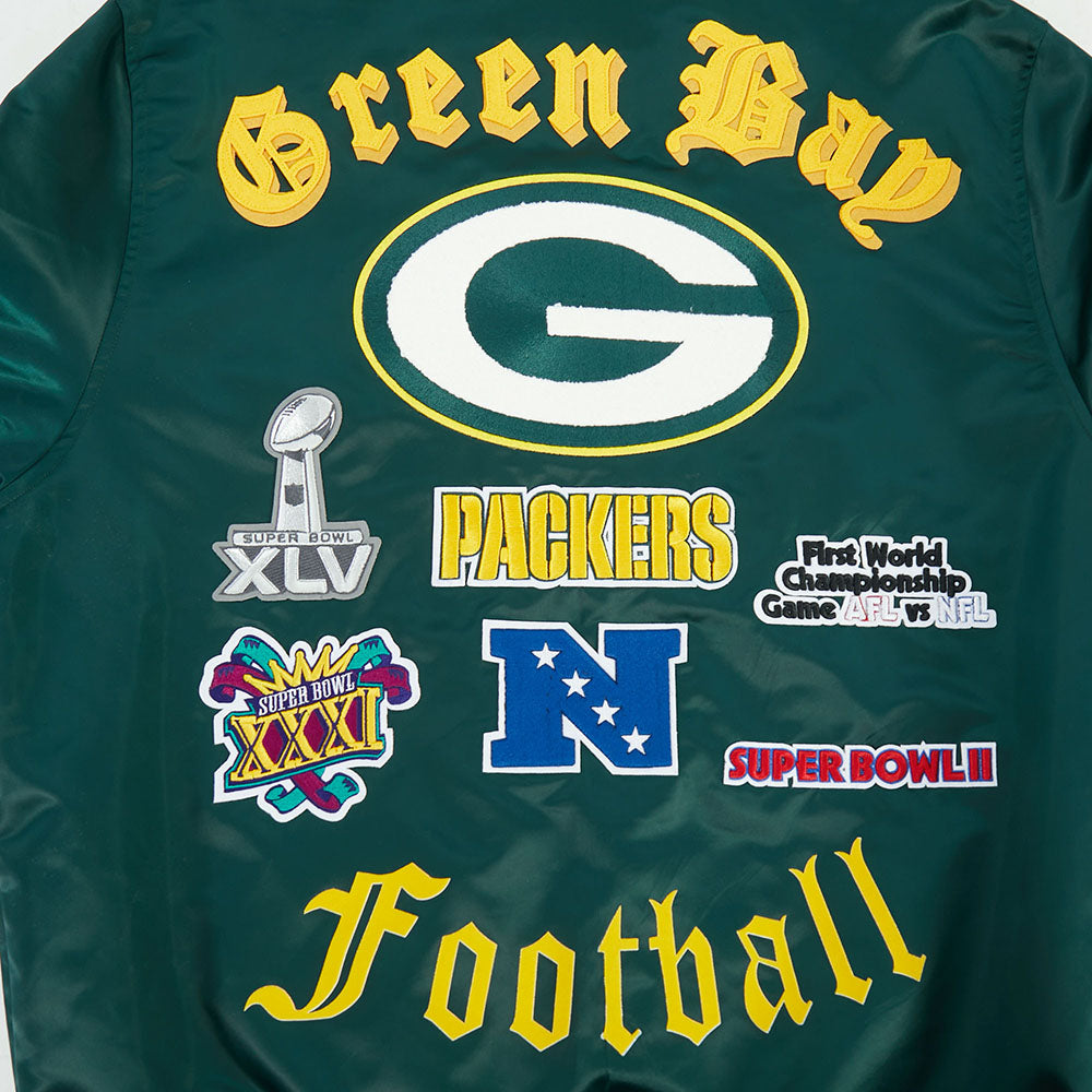 NFL GREEN BAY PACKERS OLD ENGLISH MEN'S RIB SATIN JACKET (FOREST GREEN)