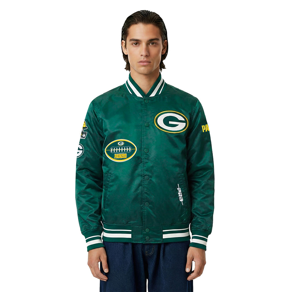 NFL GREEN BAY PACKERS OLD ENGLISH MEN'S RIB SATIN JACKET (FOREST GREEN)