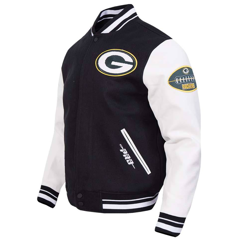 NFL GREEN BAY PACKERS OLD ENGLISH MEN'S RIB WOOL VARSITY JACKET (BLACK/WHITE)