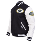 NFL GREEN BAY PACKERS OLD ENGLISH MEN'S RIB WOOL VARSITY JACKET (BLACK/WHITE)