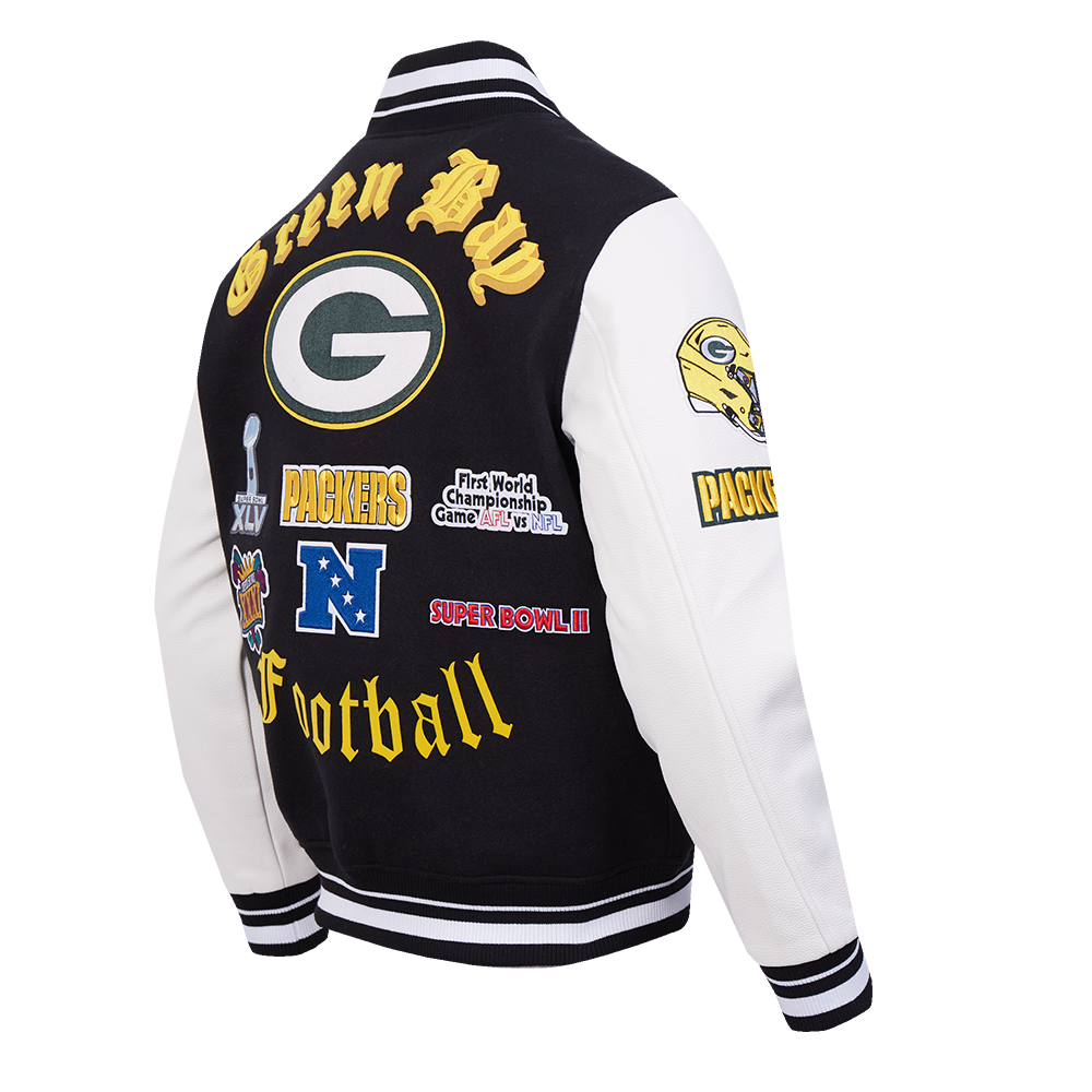 NFL GREEN BAY PACKERS OLD ENGLISH MEN'S RIB WOOL VARSITY JACKET (BLACK/WHITE)