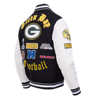 NFL GREEN BAY PACKERS OLD ENGLISH MEN'S RIB WOOL VARSITY JACKET (BLACK/WHITE)
