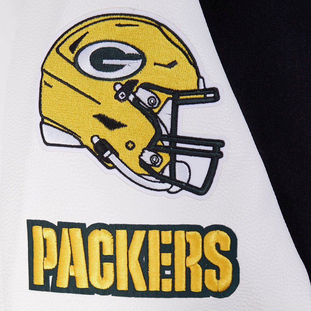 NFL GREEN BAY PACKERS OLD ENGLISH MEN'S RIB WOOL VARSITY JACKET (BLACK/WHITE)