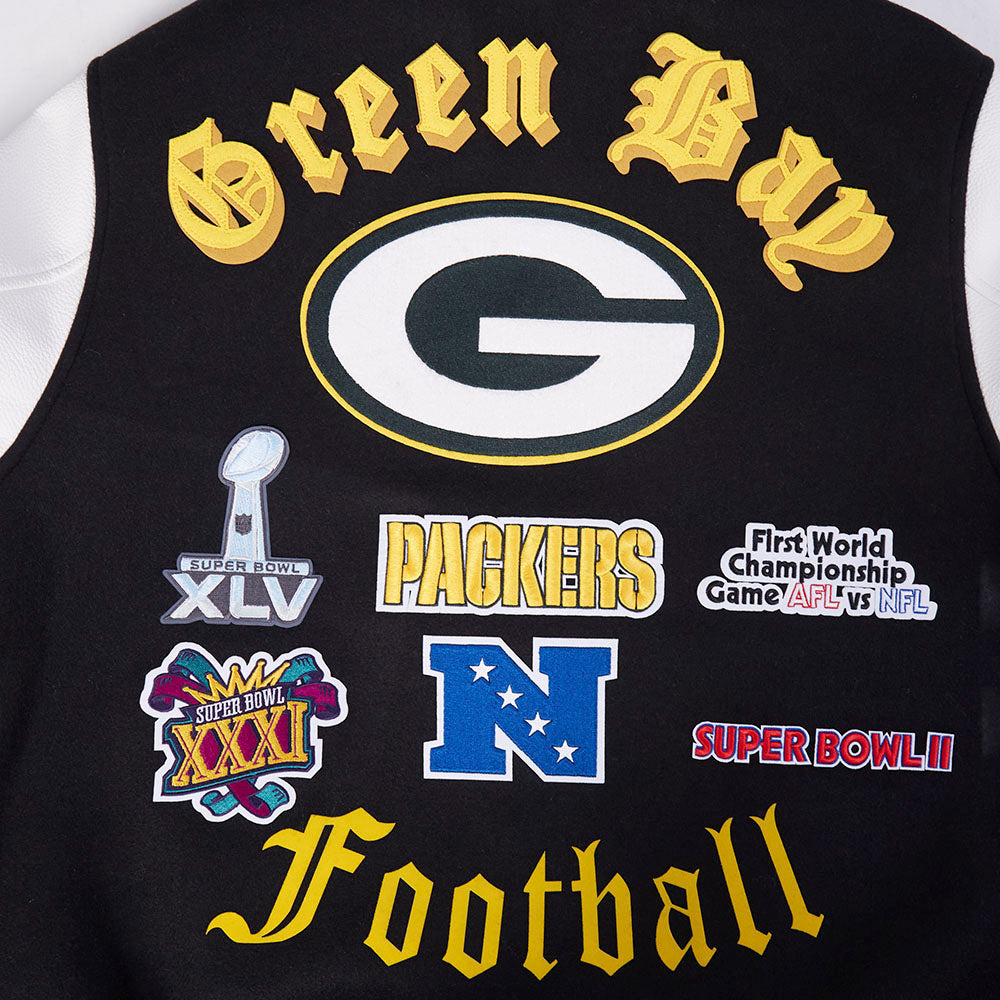 NFL GREEN BAY PACKERS OLD ENGLISH MEN'S RIB WOOL VARSITY JACKET (BLACK/WHITE)