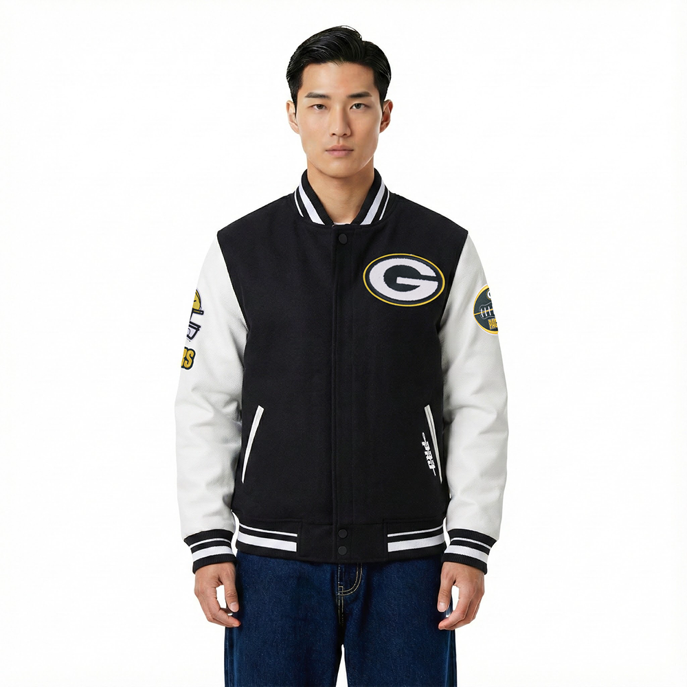 NFL GREEN BAY PACKERS OLD ENGLISH MEN'S RIB WOOL VARSITY JACKET (BLACK/WHITE)