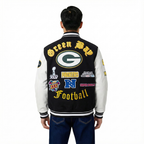 NFL GREEN BAY PACKERS OLD ENGLISH MEN'S RIB WOOL VARSITY JACKET (BLACK/WHITE)