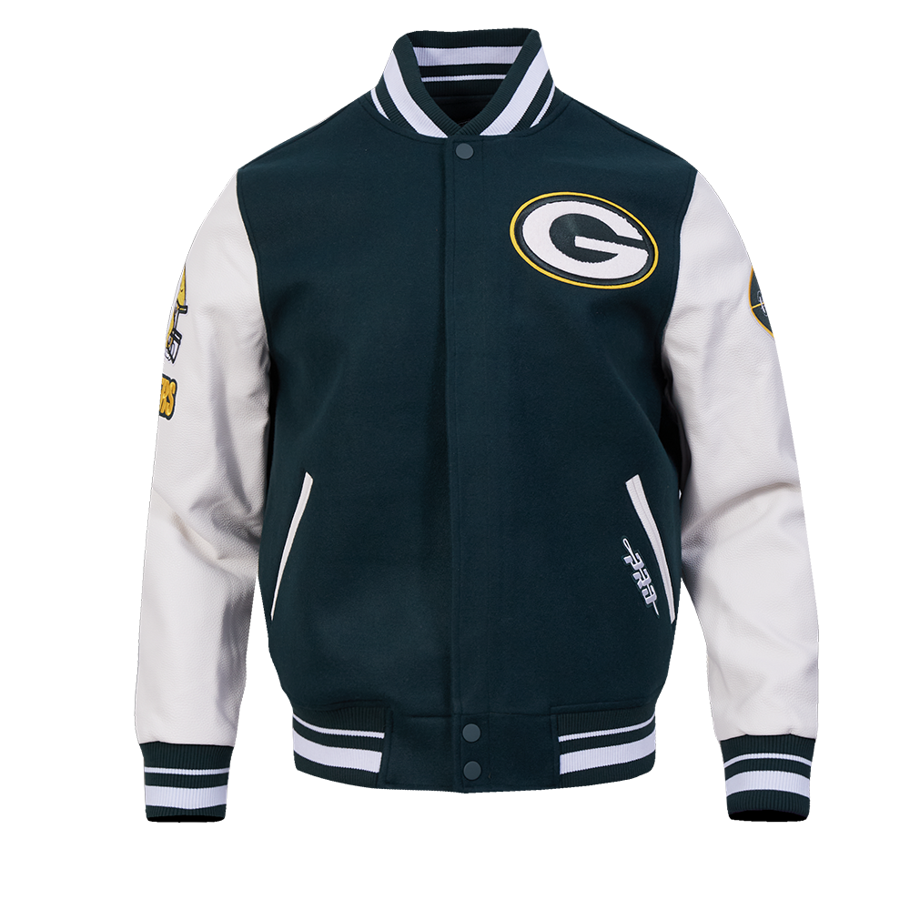 NFL GREEN BAY PACKERS OLD ENGLISH MEN'S RIB WOOL VARSITY JACKET (FOREST GREEN/WHITE)