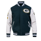 NFL GREEN BAY PACKERS OLD ENGLISH MEN'S RIB WOOL VARSITY JACKET (FOREST GREEN/WHITE)