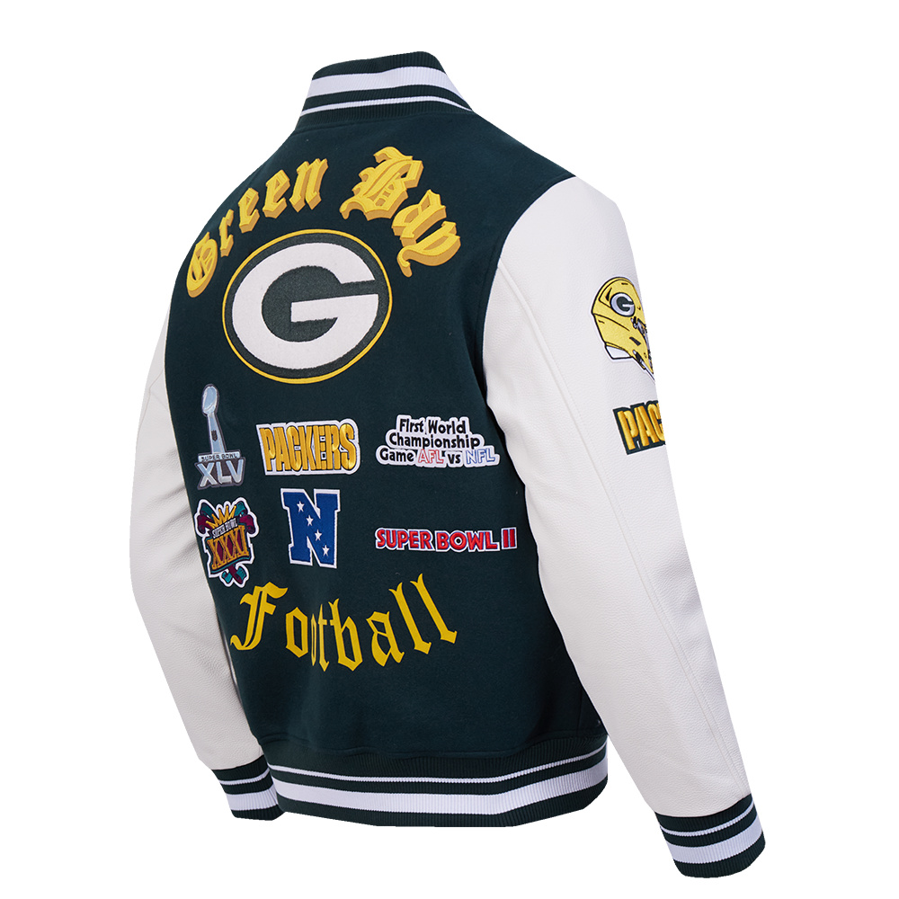 NFL GREEN BAY PACKERS OLD ENGLISH MEN'S RIB WOOL VARSITY JACKET (FOREST GREEN/WHITE)