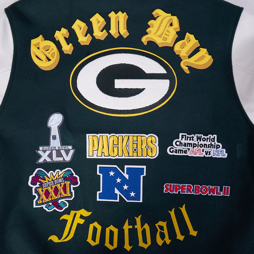 NFL GREEN BAY PACKERS OLD ENGLISH MEN'S RIB WOOL VARSITY JACKET (FOREST GREEN/WHITE)