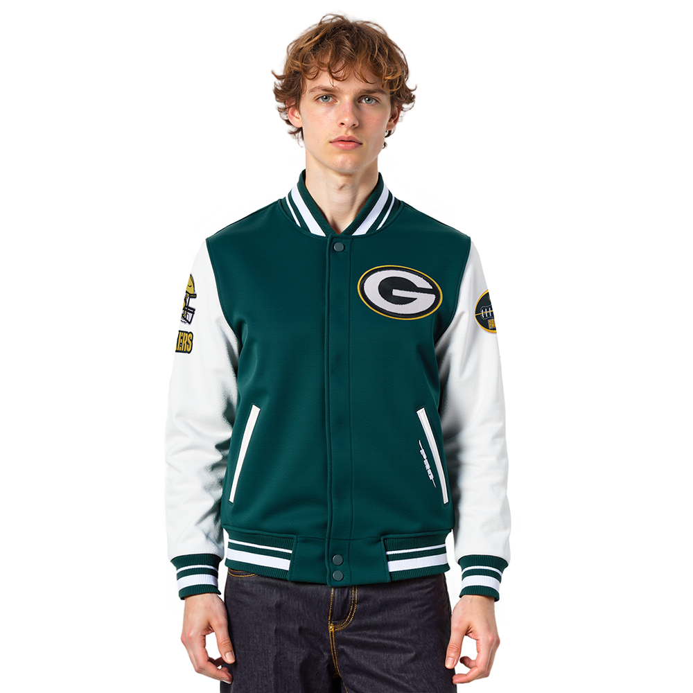 NFL GREEN BAY PACKERS OLD ENGLISH MEN'S RIB WOOL VARSITY JACKET (FOREST GREEN/WHITE)