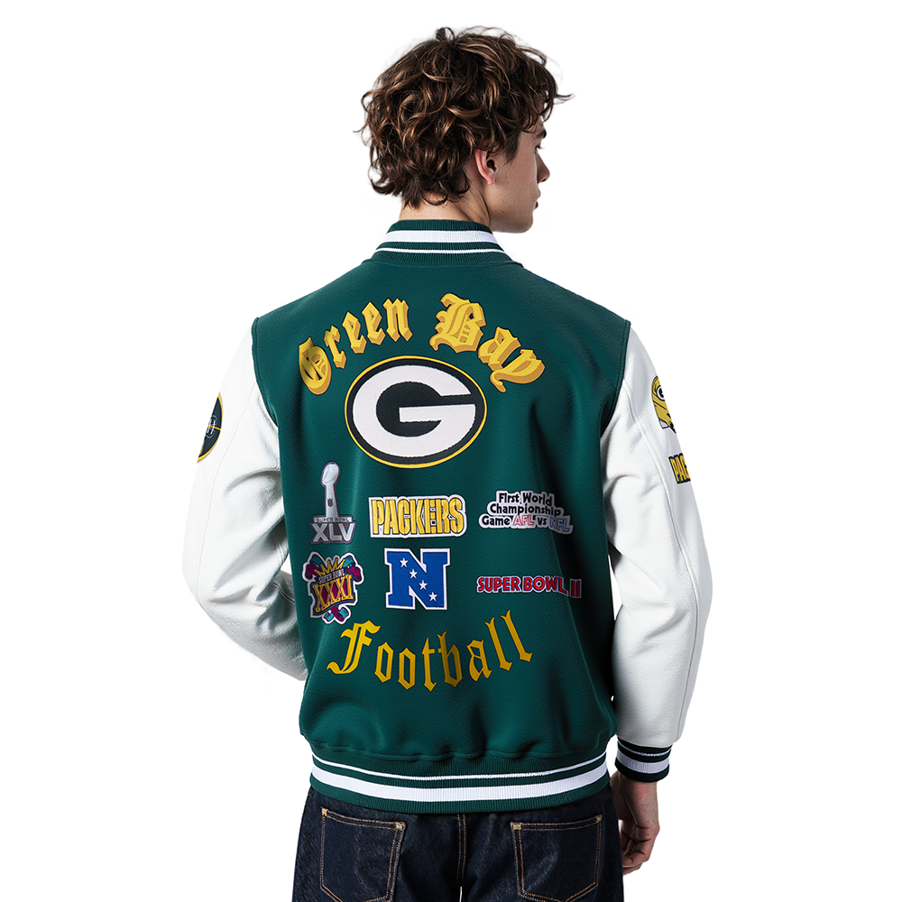 NFL GREEN BAY PACKERS OLD ENGLISH MEN'S RIB WOOL VARSITY JACKET (FOREST GREEN/WHITE)