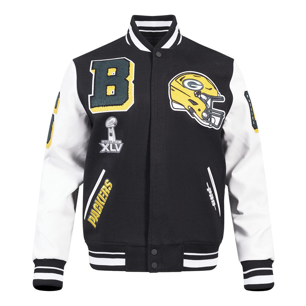 NFL GREEN BAY PACKERS MASH UP BLOUSON COLLÉGIAL EN LAINE À BORDS CÔTELÉS POUR HOMME (NOIR/BLANC)