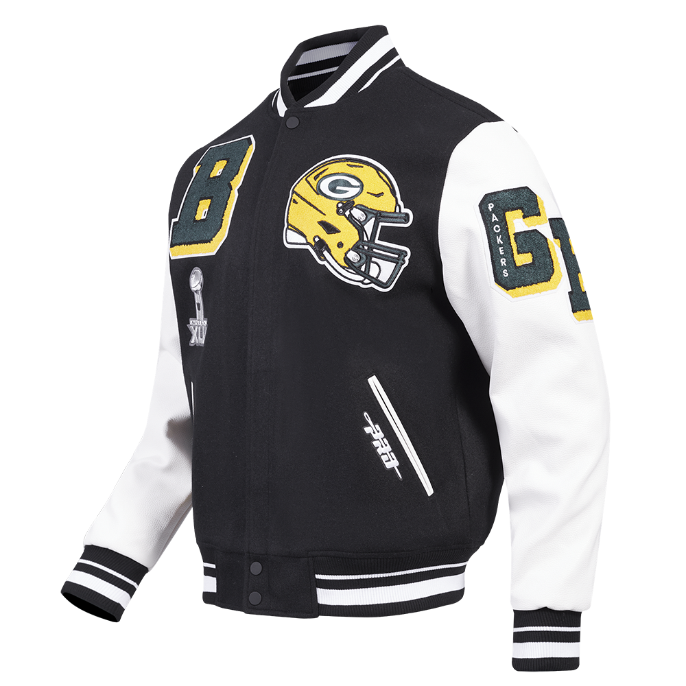 NFL GREEN BAY PACKERS MASH UP BLOUSON COLLÉGIAL EN LAINE À BORDS CÔTELÉS POUR HOMME (NOIR/BLANC)