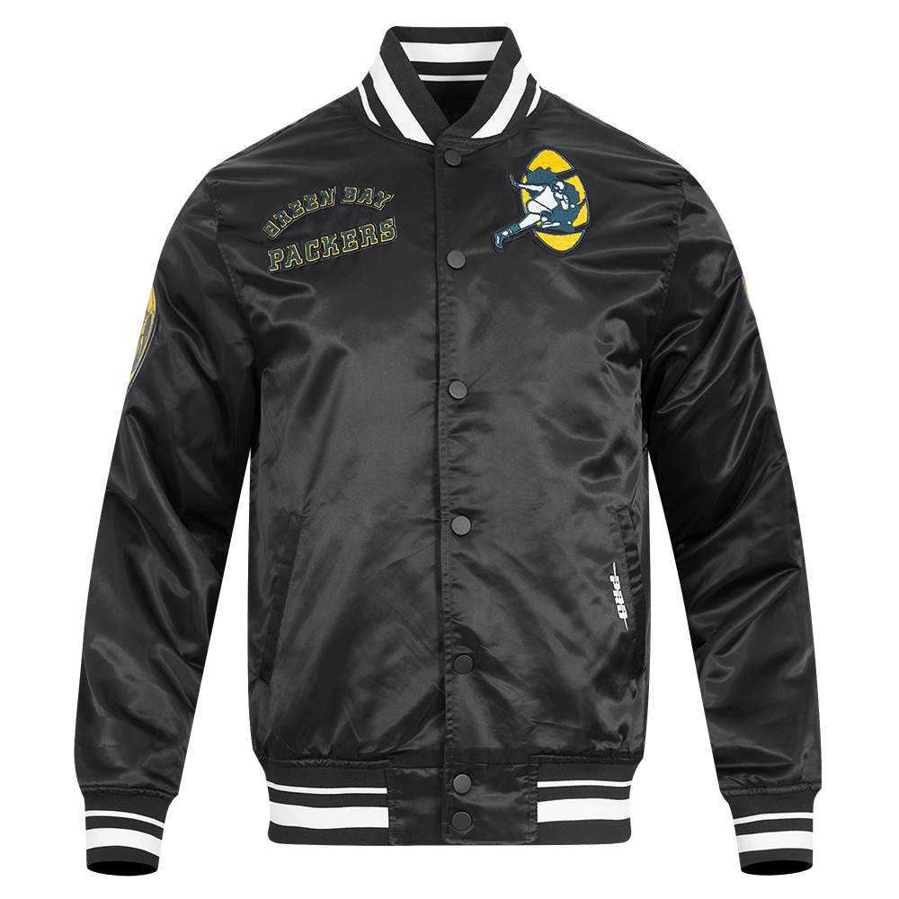 NFL GREEN BAY PACKERS RETRO CLASSIC MEN'S RIB SATIN JACKET (BLACK)