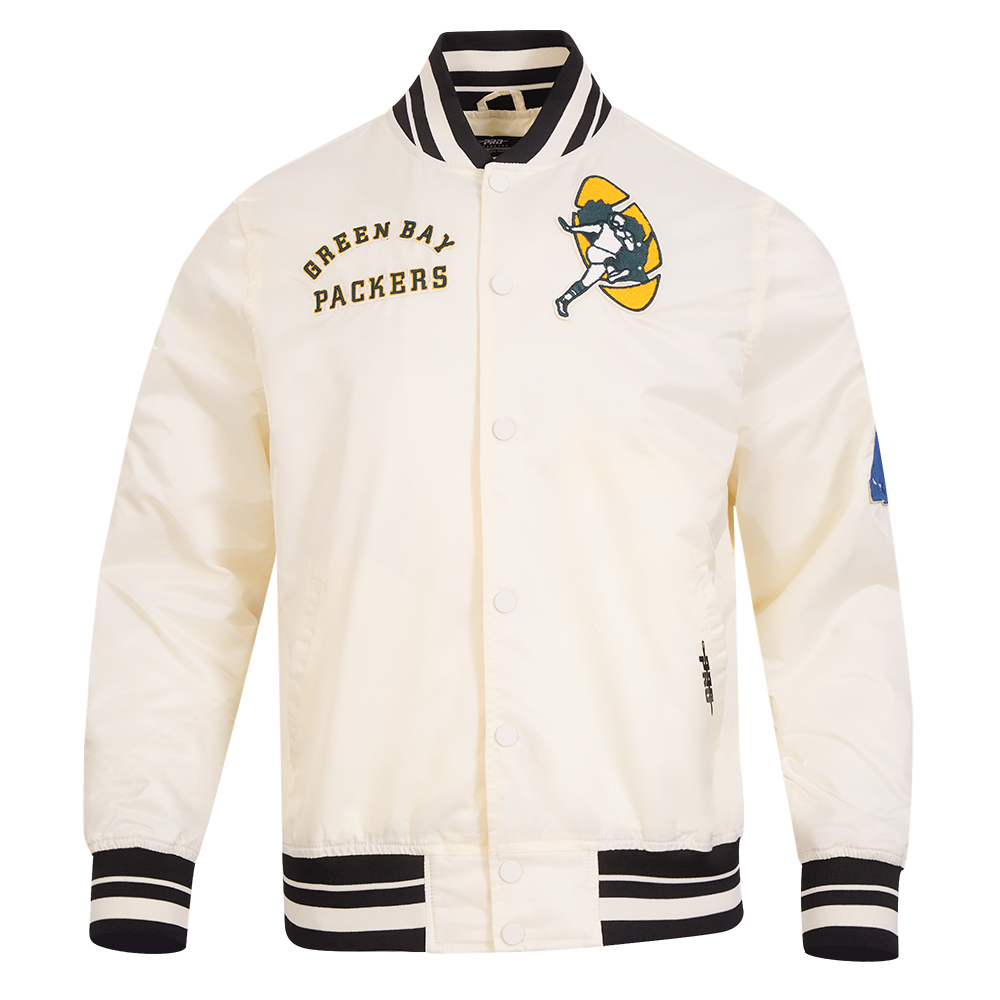 NFL GREEN BAY PACKERS RETRO CLASSIC MEN'S RIB SATIN JACKET (EGGSHELL/ BLACK)