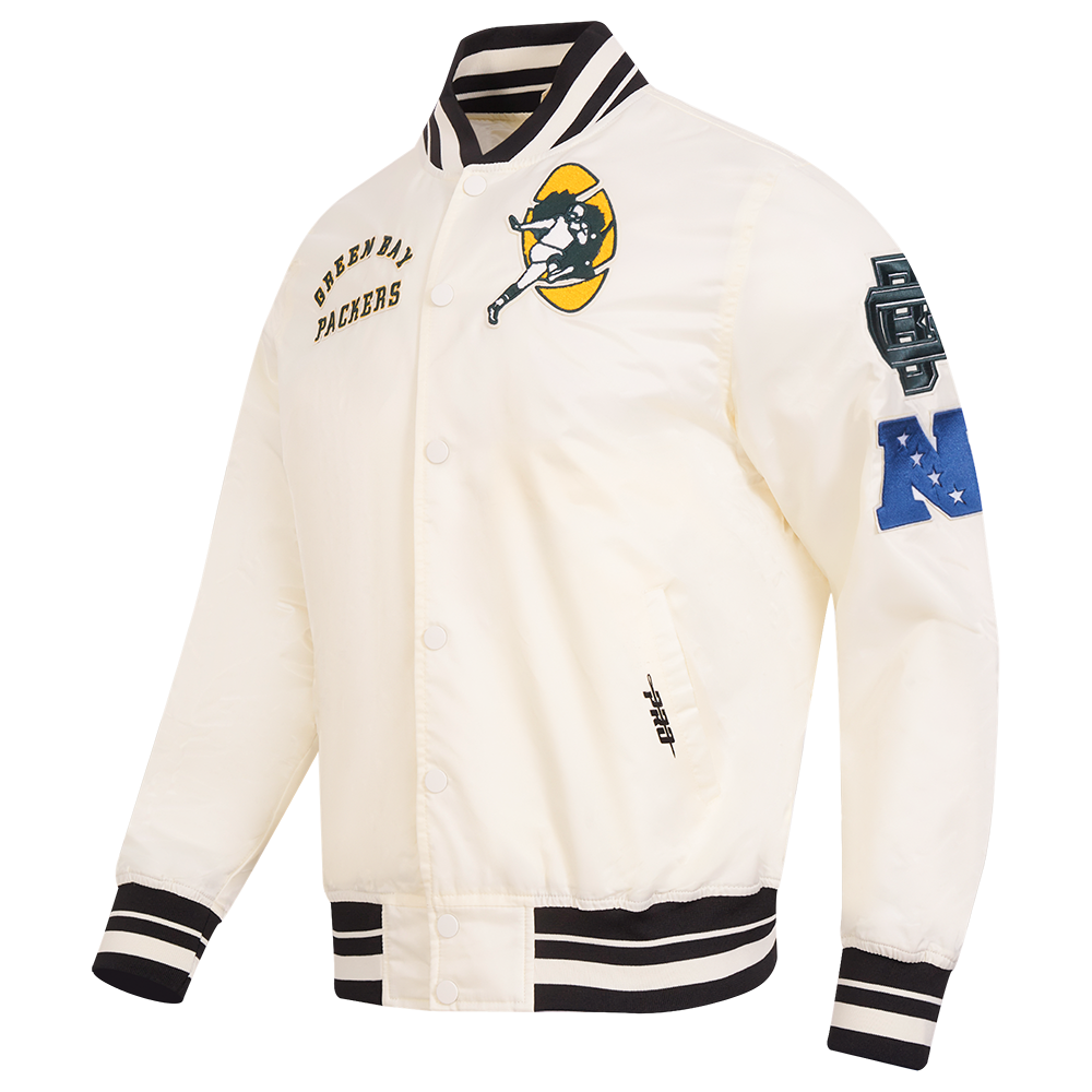 NFL GREEN BAY PACKERS RETRO CLASSIC MEN'S RIB SATIN JACKET (EGGSHELL/ BLACK)
