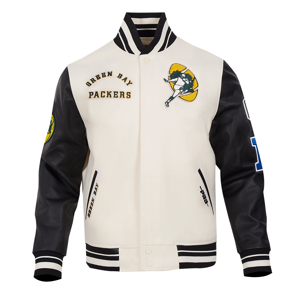 NFL GREEN BAY PACKERS RETRO CLASSIC MEN'S RIB WOOL VARSITY JACKET (EGGSHELL/ BLACK)