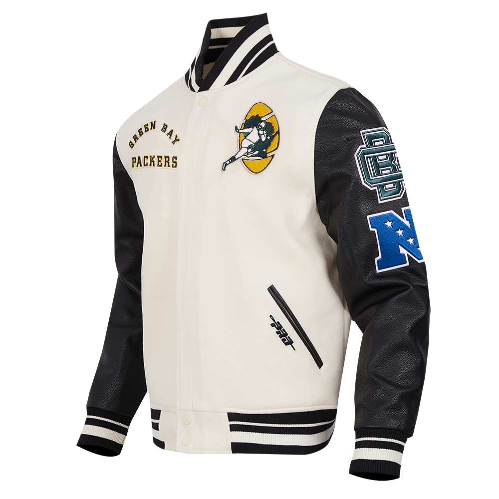 NFL GREEN BAY PACKERS RETRO CLASSIC MEN'S RIB WOOL VARSITY JACKET (EGGSHELL/ BLACK)