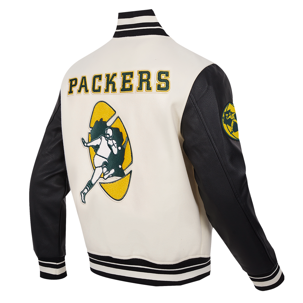 NFL GREEN BAY PACKERS RETRO CLASSIC MEN'S RIB WOOL VARSITY JACKET (EGGSHELL/ BLACK)