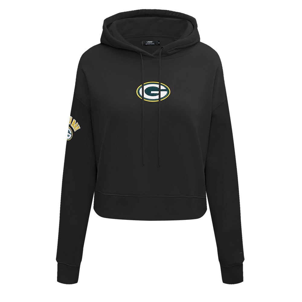 NFL GREEN BAY PACKERS CLASSIC WOMEN'S FLEECE CROPPED PULLOVER HOODIE (BLACK)