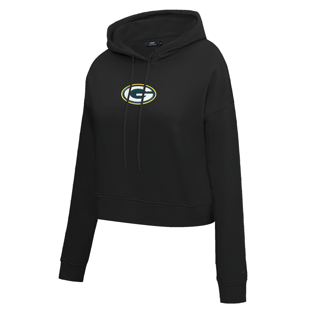 NFL GREEN BAY PACKERS CLASSIC WOMEN'S FLEECE CROPPED PULLOVER HOODIE (BLACK)
