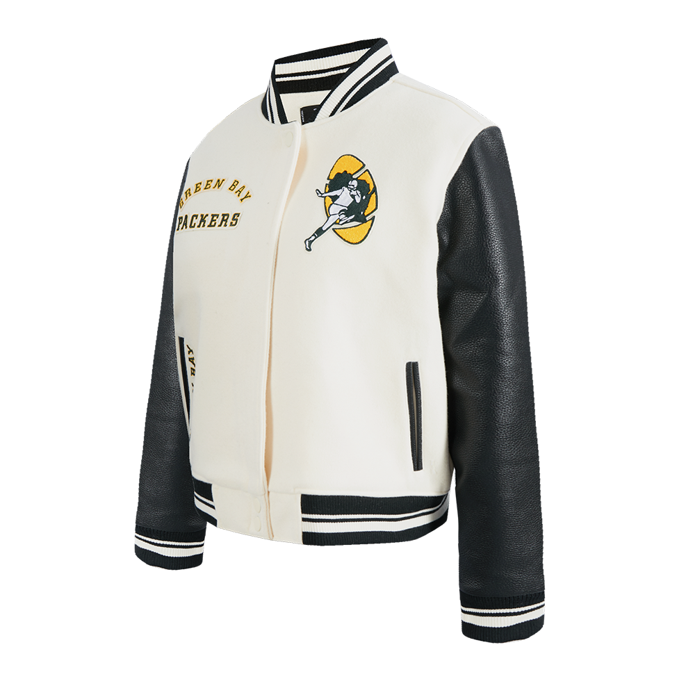 NFL GREEN BAY PACKERS RETRO CLASSIC BLOUSON COLLÉGIAL EN LAINE À BORDS CÔTELÉS POUR FEMME (COQUILLE D'ŒUF/NOIR)
