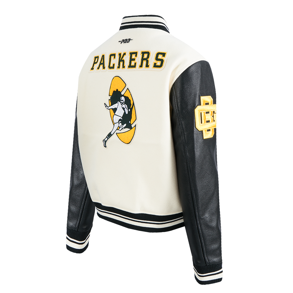NFL GREEN BAY PACKERS RETRO CLASSIC BLOUSON COLLÉGIAL EN LAINE À BORDS CÔTELÉS POUR FEMME (COQUILLE D'ŒUF/NOIR)