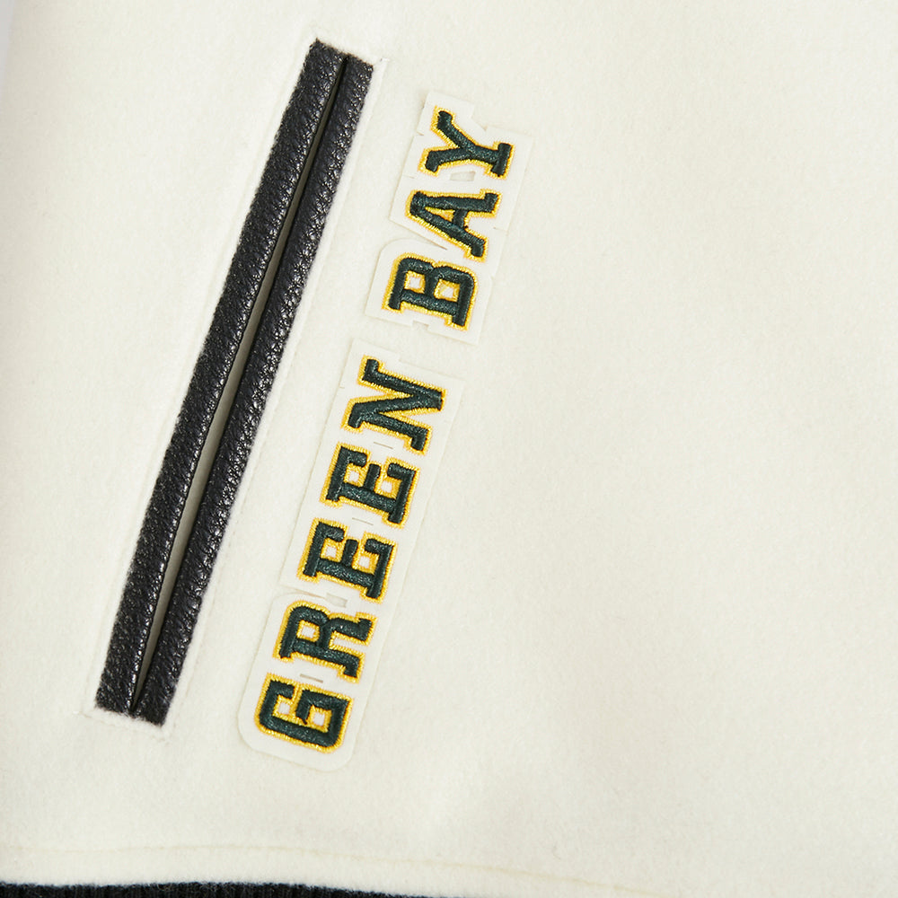 NFL GREEN BAY PACKERS RETRO CLASSIC BLOUSON COLLÉGIAL EN LAINE À BORDS CÔTELÉS POUR FEMME (COQUILLE D'ŒUF/NOIR)