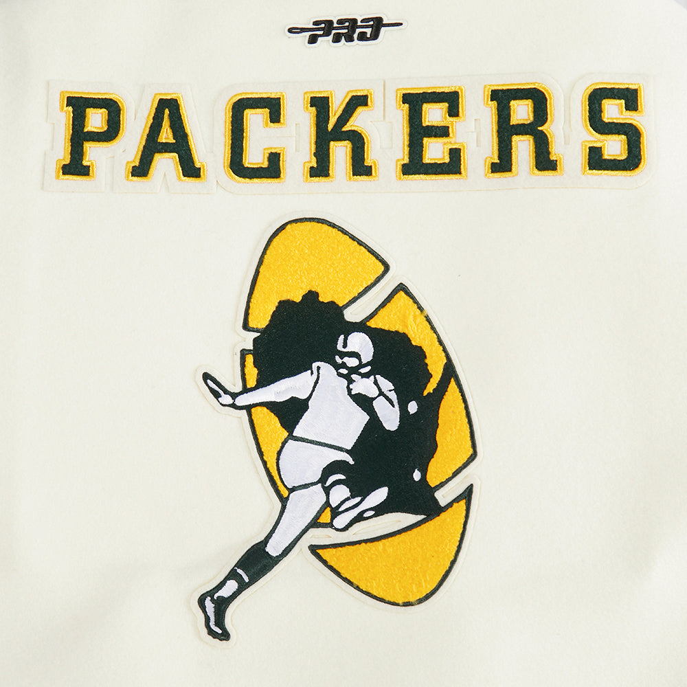 NFL GREEN BAY PACKERS RETRO CLASSIC BLOUSON COLLÉGIAL EN LAINE À BORDS CÔTELÉS POUR FEMME (COQUILLE D'ŒUF/NOIR)