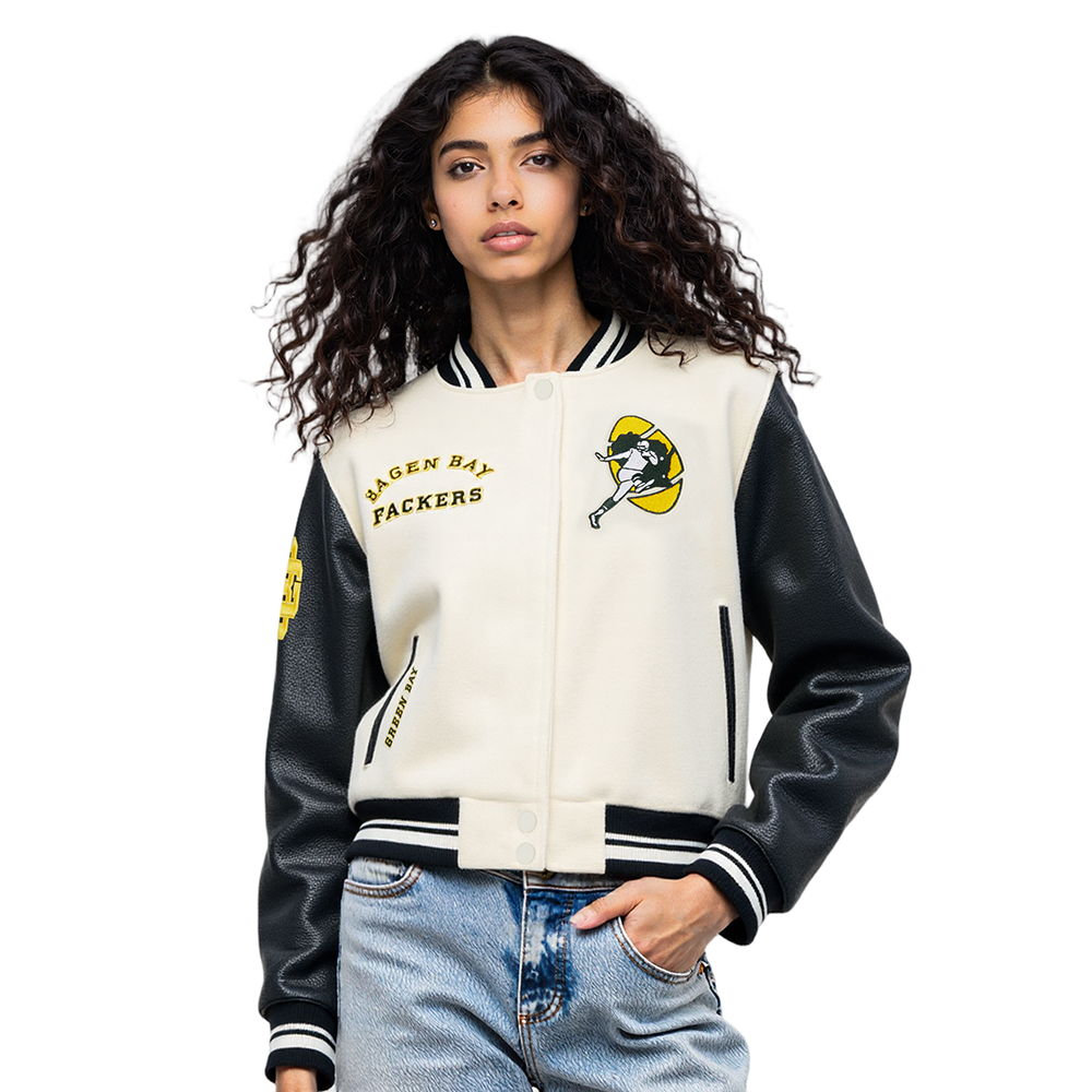 NFL GREEN BAY PACKERS RETRO CLASSIC BLOUSON COLLÉGIAL EN LAINE À BORDS CÔTELÉS POUR FEMME (COQUILLE D'ŒUF/NOIR)
