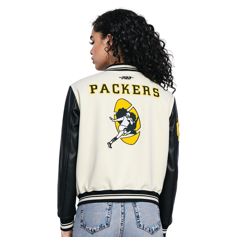 NFL GREEN BAY PACKERS RETRO CLASSIC BLOUSON COLLÉGIAL EN LAINE À BORDS CÔTELÉS POUR FEMME (COQUILLE D'ŒUF/NOIR)