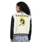 NFL GREEN BAY PACKERS RETRO CLASSIC BLOUSON COLLÉGIAL EN LAINE À BORDS CÔTELÉS POUR FEMME (COQUILLE D'ŒUF/NOIR)