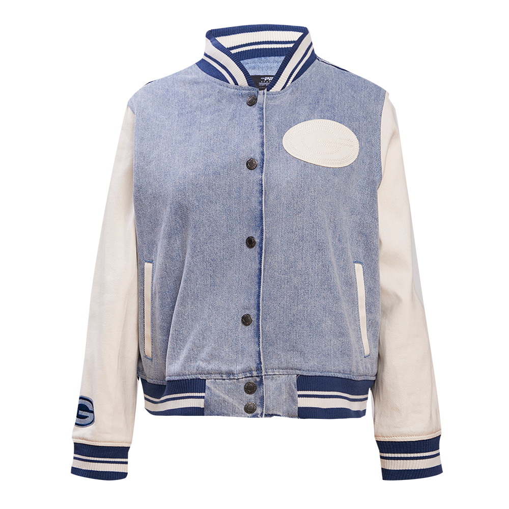 NFL GREEN BAY PACKERS VARSITY BLUES WOMEN'S DENIM VARSITY JACKET (DENIM/LINEN)