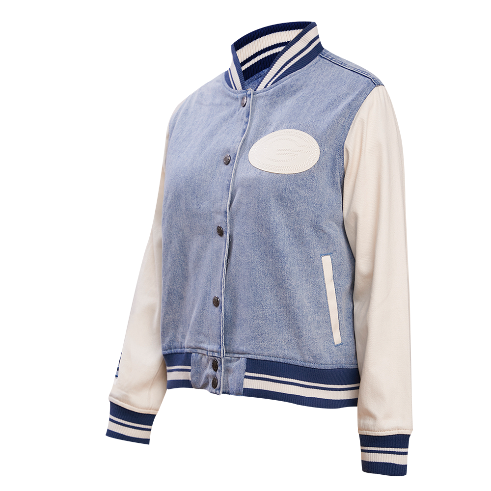 NFL GREEN BAY PACKERS VARSITY BLUES WOMEN'S DENIM VARSITY JACKET (DENIM/LINEN)