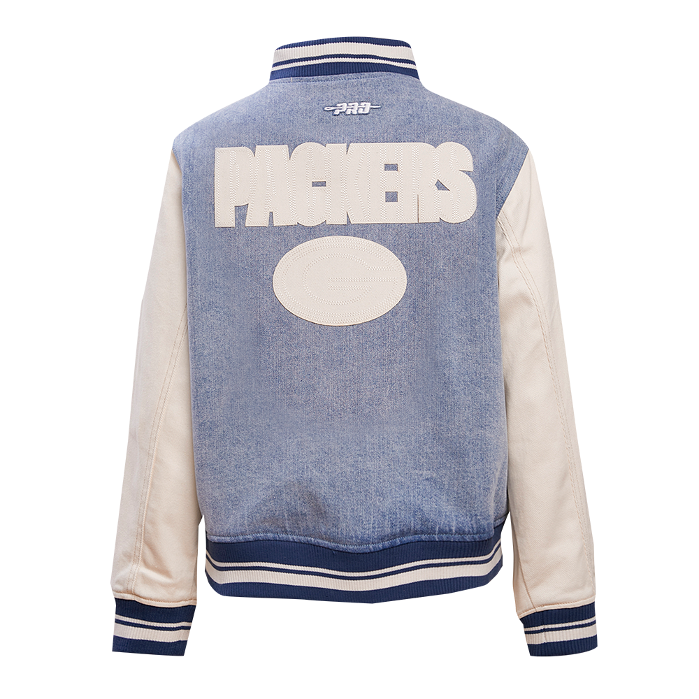 NFL GREEN BAY PACKERS VARSITY BLUES WOMEN'S DENIM VARSITY JACKET (DENIM/LINEN)