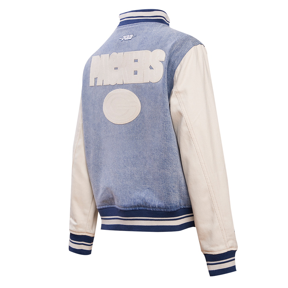NFL GREEN BAY PACKERS VARSITY BLUES WOMEN'S DENIM VARSITY JACKET (DENIM/LINEN)