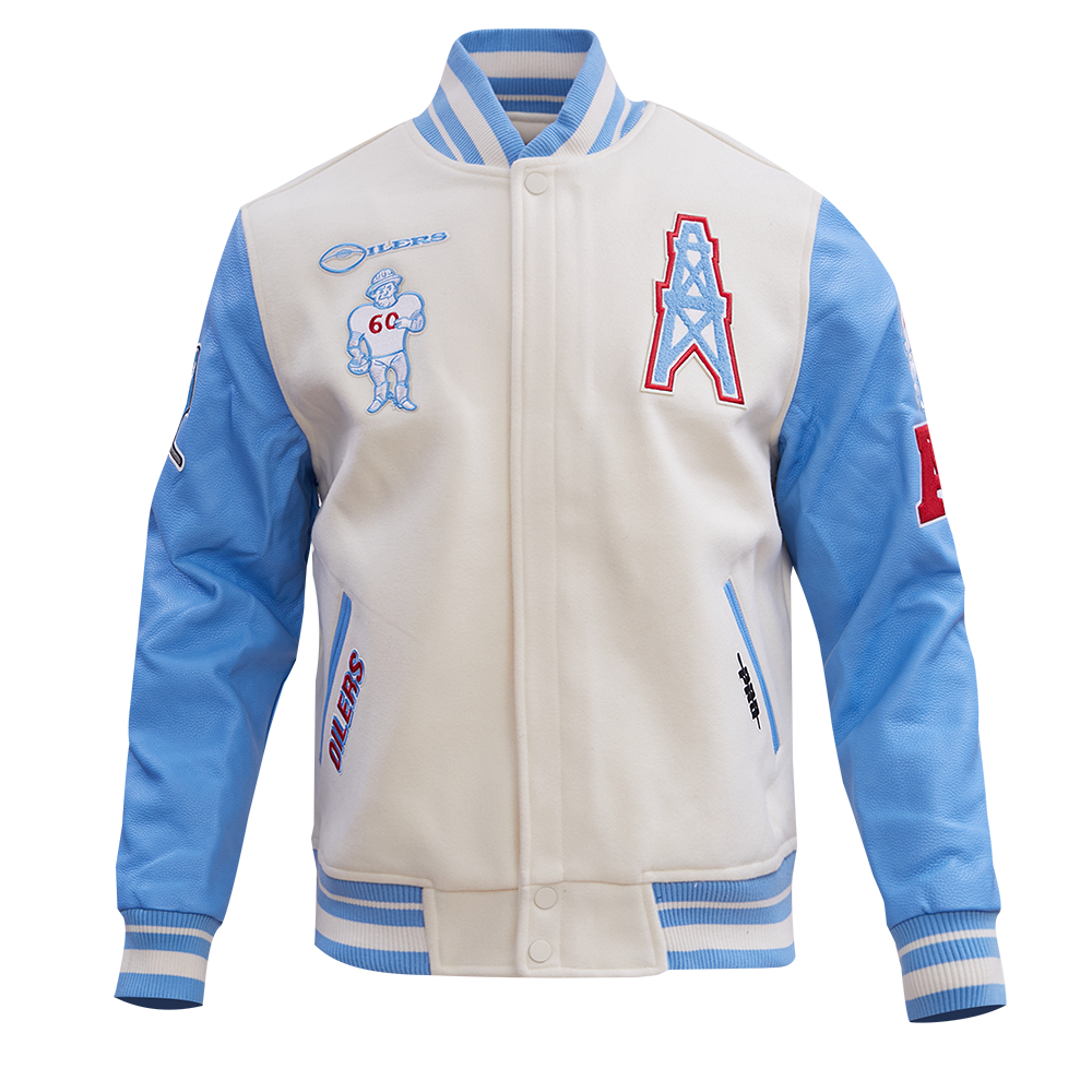 NFL HOUSTON OILERS RETRO CLASSIC BLOUSON COLLÉGIAL EN LAINE À BORDS CÔTELÉS POUR HOMME (COQUILLE D'ŒUF/BLEU UNIVERSITÉ)