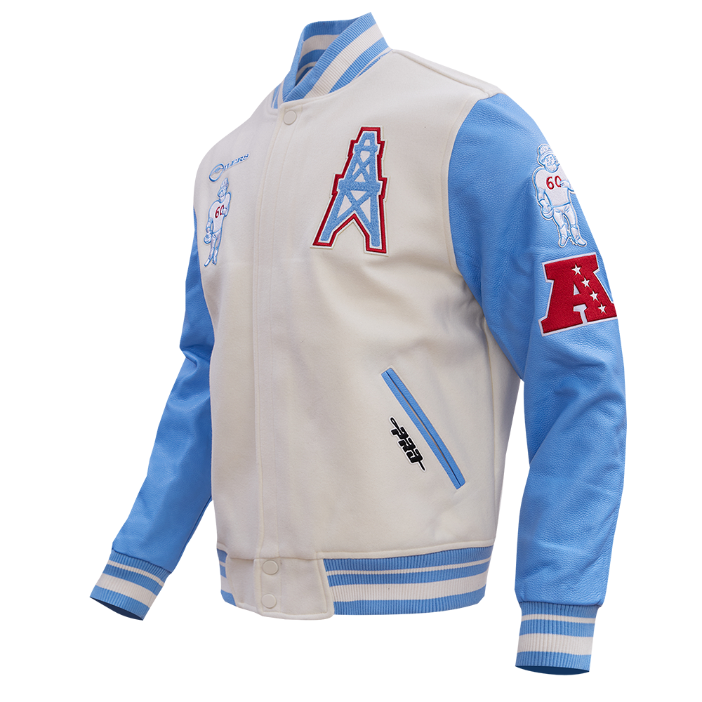 NFL HOUSTON OILERS RETRO CLASSIC BLOUSON COLLÉGIAL EN LAINE À BORDS CÔTELÉS POUR HOMME (COQUILLE D'ŒUF/BLEU UNIVERSITÉ)