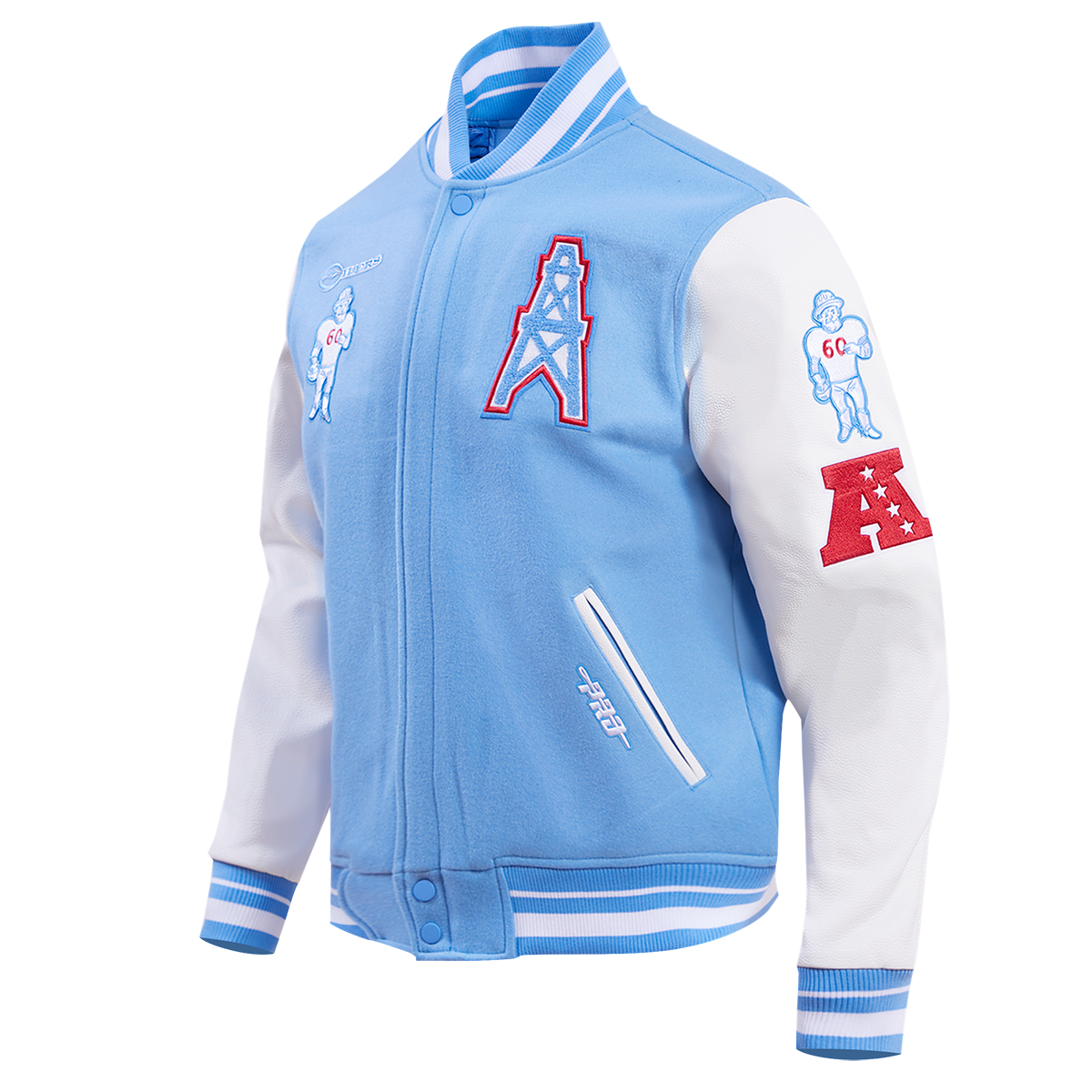 NFL HOUSTON OILERS RETRO CLASSIC MEN'S RIB WOOL VARSITY JACKET (UNIVERSITY BLUE/WHITE)