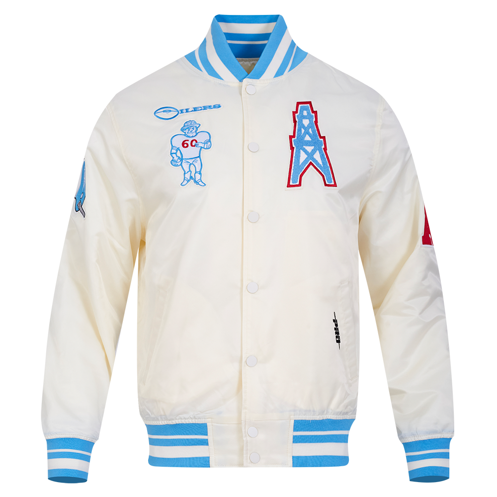 NFL HOUSTON OILERS RETRO CLASSIC BLOUSON EN SATIN À BORDS CÔTELÉS POUR HOMME (COQUILLE D'ŒUF/BLEU UNIVERSITÉ)