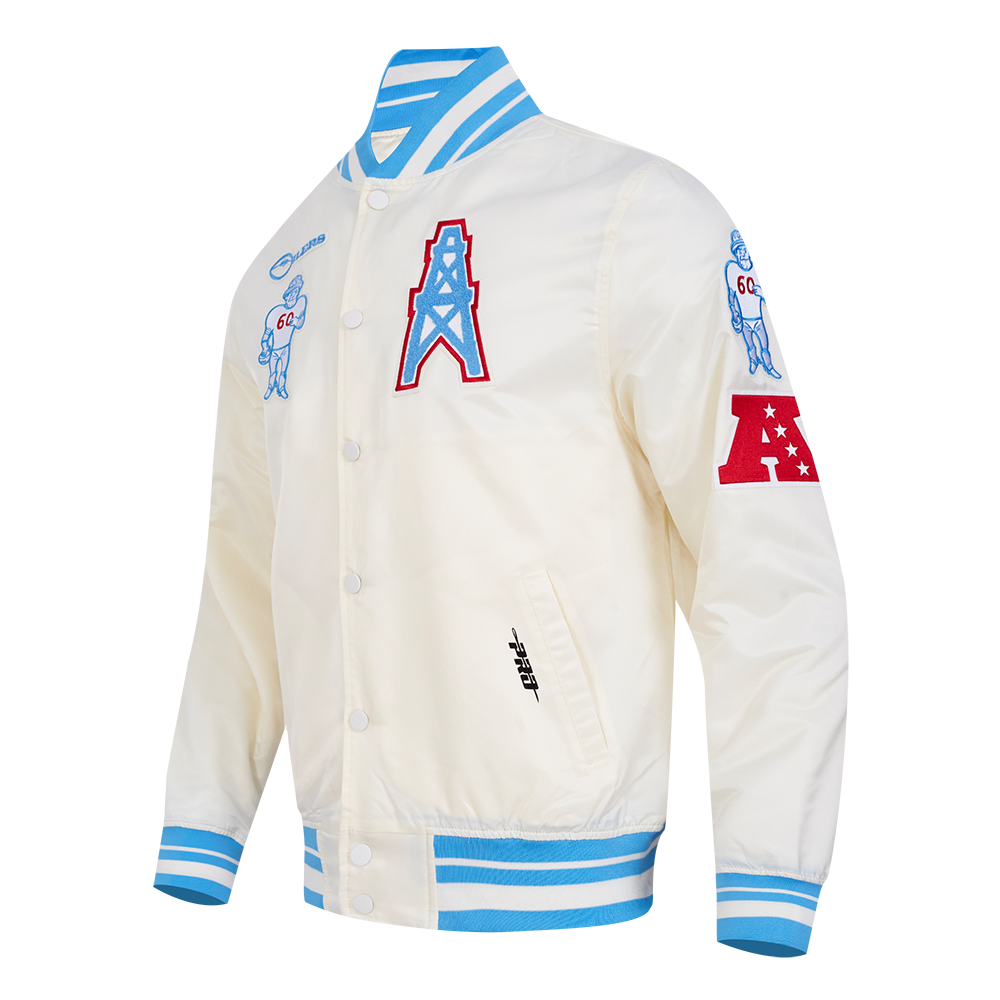 NFL HOUSTON OILERS RETRO CLASSIC BLOUSON EN SATIN À BORDS CÔTELÉS POUR HOMME (COQUILLE D'ŒUF/BLEU UNIVERSITÉ)