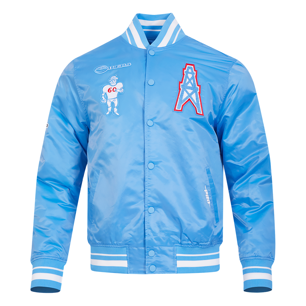 NFL HOUSTON OILERS RETRO CLASSIC BLOUSON EN SATIN À BORDS CÔTELÉS POUR HOMME (BLEU UNIVERSITÉ)