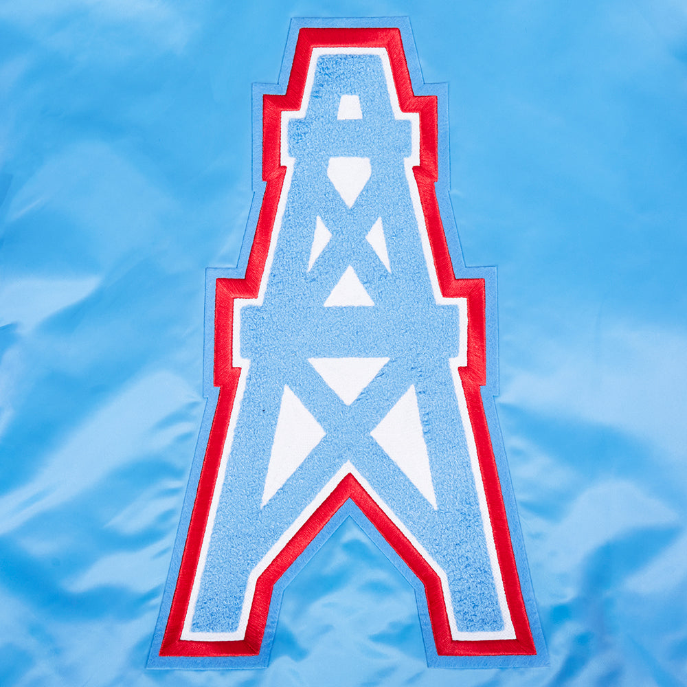 NFL HOUSTON OILERS RETRO CLASSIC BLOUSON EN SATIN À BORDS CÔTELÉS POUR HOMME (BLEU UNIVERSITÉ)